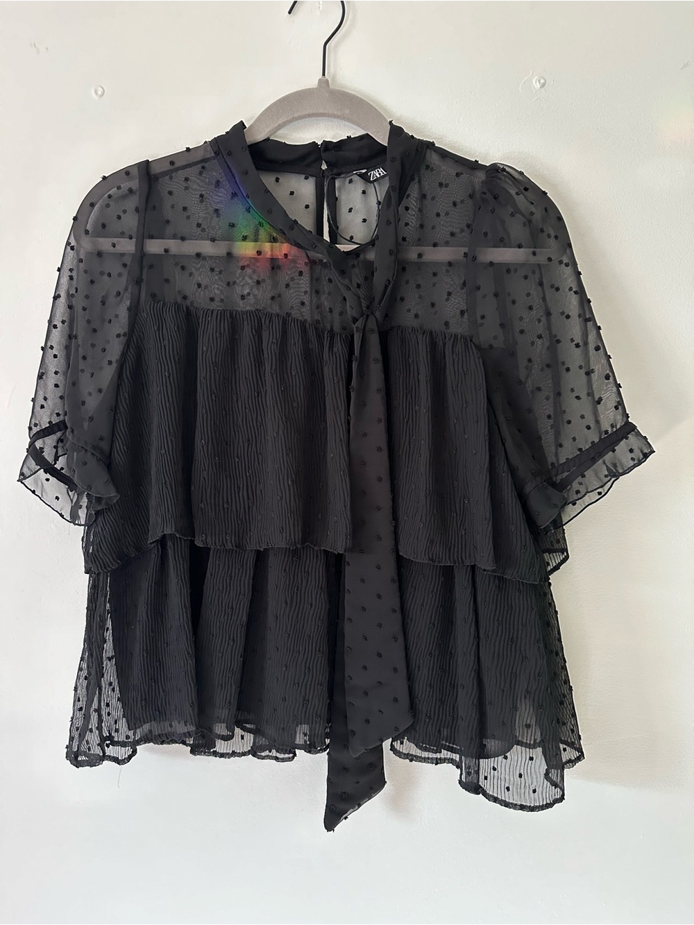 Zara Black Dot-Texture Tie-Neck Ruffle Blouse